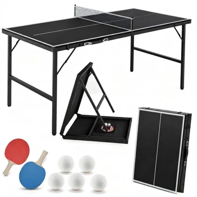Produktbild von UISEBRT Mini Tischtennisplatte faltbar schwarz, Tischtennistisch Komplettset mit Netz Schläger Bälle Tasche für Zuhause Büro Terrasse Indoor Outdoor
