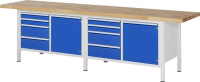 Produktbild von Werkbank mit 2 Schränken - 8 Schubladen - Teilauszug - 90:4 / 180:4 - 840 x 3.000 x 900 mm (HxBxT) - Traglast 1.250 kg - Buche
