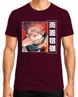 Imagen del producto de Camiseta para hombre, estilo anime Jujutsu Kaisen, diseño de Ryomen Sukuna (Demonio), estética de manga, con motivos de llamas, color burdeos, talla XL