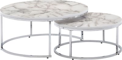 WOHNLING Couchtisch 2er Set Weiß Silber Marmor Optik Sofatisch Rund Modern, Beistelltisch 2-teilig Metall, Runde Wohnzimmertische, Design Satztische