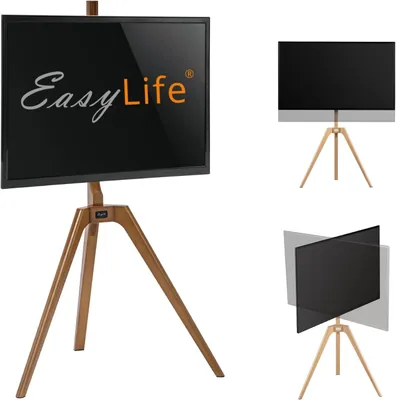 Imagen del producto de Soporte de TV de madera - Trípode tipo caballete - Soporte de TV para estudio, hasta 65 pulgadas y 40 kg, para TV o monitor, giratorio y con altura ajustable