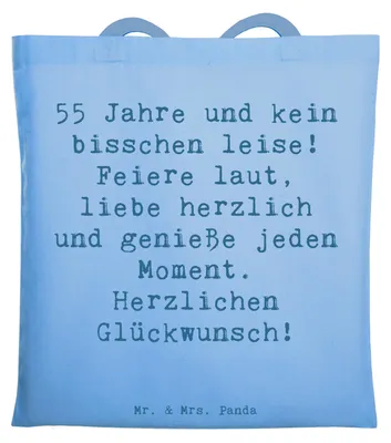 Produktbild von Mr. & Mrs. Panda Tote Bag Spruch 55. Geburtstag - Sky Blue - Geschenk, Büchertasche, 55 Jahre, Herzlichen Glückwunsch, Jutebeutel, Lebensfreude, Schultasche, Stoffbeutel
