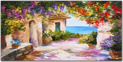 Produktbild von Coloray Bild aus Leinwand 140x70 Leinwand Dekoration - Blumen Seestück Häuser