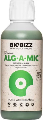 A bottle of BioBizz Alg-A-Mic liquid fertilizer.