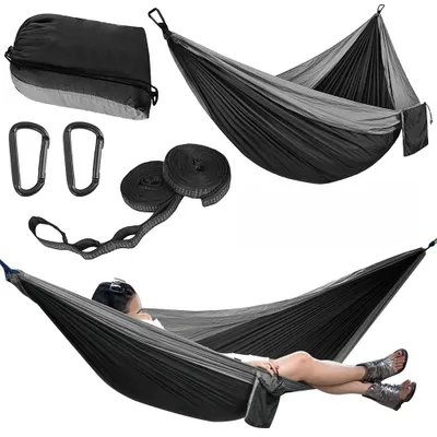 Produktbild von Camping-Hängematte, Camping-Essentials, leichte tragbare Doppel- und Einzelhängematte mit Baumgurten, Campingausrüstung für Outdoor, Wandern, Reisen