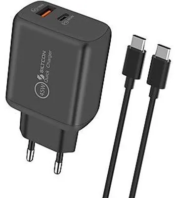 Produktbild von Siltcon® USB-C Adapter 45W & USB-A 18W – USB-C Schnellladegerät – geeignet für Telefone, Tablets & kleinere Laptops – 2 Anschlüsse – inkl. 2m USB-C Kabel