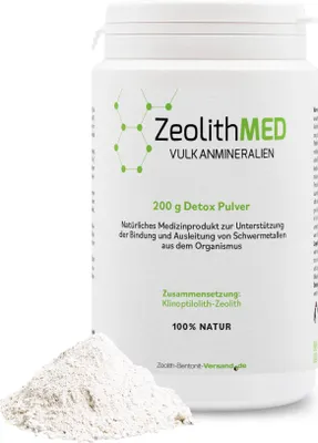 A white container of Zeolith MED Detox Pulver with a pile of powder in the foreground.