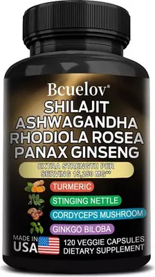 Produktbild von Shilajit, Ashwagandha, Rhodiola Rosea, Panax Ginseng (120 Kapseln) Nahrungsergänzungsmittel, Immunsystem, Gelenke, Anti-Aging, Gehirn, Nerven, Energie