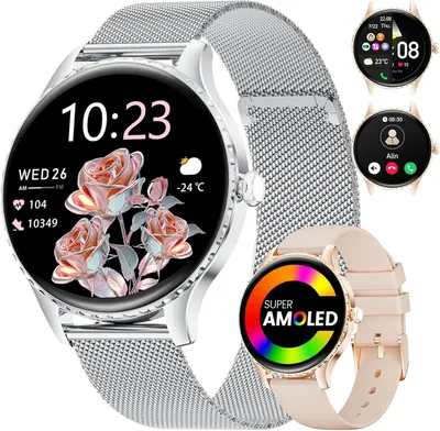 Smartwatch Damen 2025 mit 1,32'' AMOLED Display, Telefonfunktion, IP68 Wasserdicht, 100+ Sportmodi, Schrittzähler, Frauengesundheit iOS Android