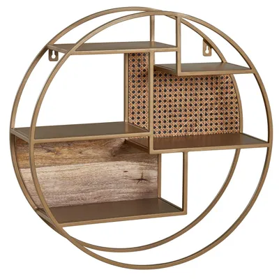 Produktbild von Wandregal Rattan 62x62x17 cm Hängeregal Massivholz / Metall Industrial, Schweberegal Wiener Geflecht Rund Wand, Regal Hängend Offen Wohnzimmer