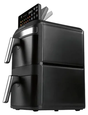 A black dual-chamber air fryer with a digital display on top.