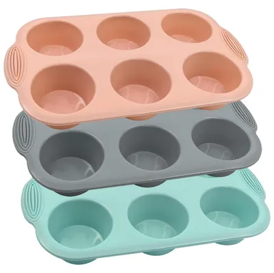 Immagine prodotto di Set da 3 stampi in silicone per muffin, con 12 cavità antiaderenti, senza BPA, nei colori grigio, rosa e blu pavone