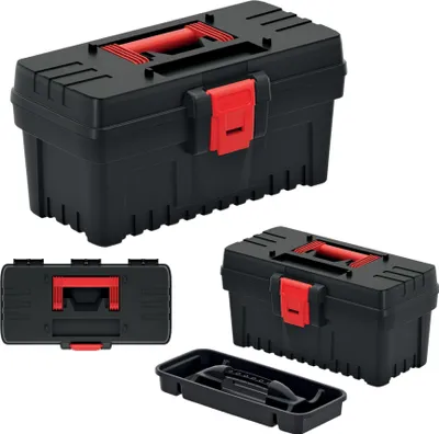 Multiple views of a black and red toolbox against a white background.