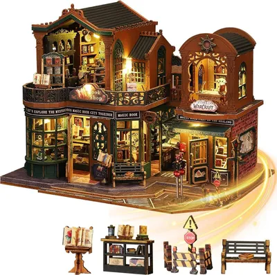 Produktbild von DIY Miniaturhaus Puppenhaus Bausatz 3D Holzpuzzle mit LED Licht Klemmbausteine