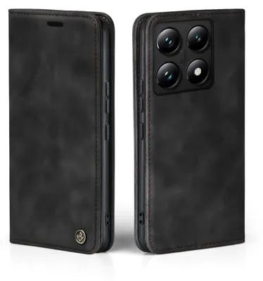 A black flip case for a smartphone, shown from the front and back.