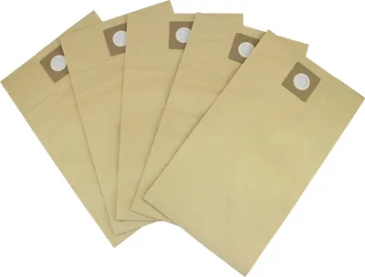 A group of five tan-colored vacuum cleaner bags are fanned out on a white background.