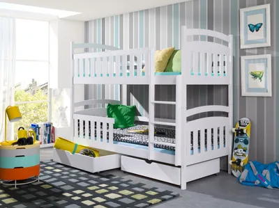 Produktbild von KEF Tom Etagenbett Kinder Holz Kinderbett Holzbett mit Schubladen ohne Matratze Leiter Rechts Weiß 90x180 cm