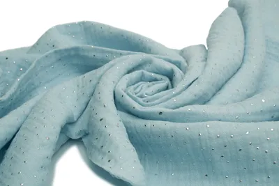 Immagine prodotto di Tessuto in mussola di cotone con pois argentati, doppia garza, azzurro 50 x 130 cm