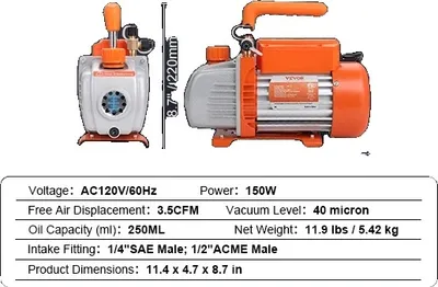 Produktbild von HVAC-Vakuumpumpe, 150W Leistung, 3,5 CFM Durchflussrate, 3.5CFM 150W 1 Stufe