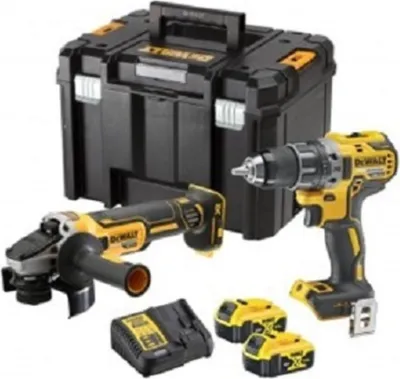 A set of DeWalt power tools and accessories, including a drill, an angle grinder, batteries, a charger, and a storage case.