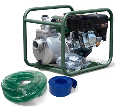 Productafbeelding van DeTec. Benzine waterpomp, 2 inch, 5,5 pk, inclusief 26 meter slangset
