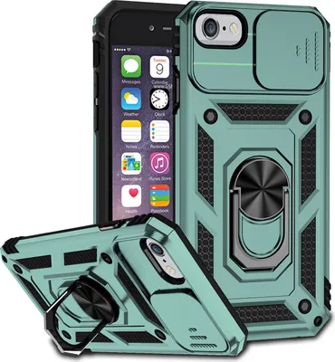 A teal iPhone case with a sliding camera cover and a ring holder is shown, with a partial view of an iPhone inside.