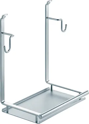 A silver metal mixer holder with two hooks and a tray, isolated on a white background.
