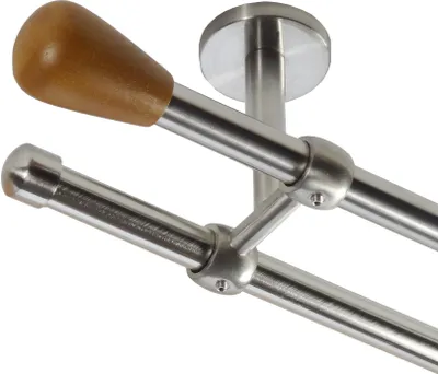Produktbild von Gardinenstange Set Edelstahl Look Metall Ø 16mm Deckenbefestigung 2-lauf Holz Knauf, Länge wählbar D21 E52 E17