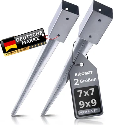 Produktbild von BOOMET Einschlagbodenhülse für Zaunpfosten · Holzbalken Erdspieß Metall (71x71x750mm - 2 Stück) · Bodenhülse 90x90 und 70x70 Verzinkte Bodenhülsen für