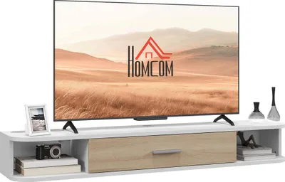 Produktbild von HOMCOM Wandmontierter TV-Ständer/Bank für Fernseher bis 50 Zoll mit 2 offenen Fächern und einem Schrank mit Klapptür, 120 x 26 x 16 cm (B x T x H), Weiß
