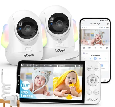 Image de Babyphone ieGeek avec 2 caméras et application [2,5K/4MP, 5,5 pouces] - Babyphone vidéo Wi-Fi avec fonction PTZ 360°, détection IA, veilleuse intelligente, suivi automatique et support