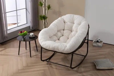 Image de Fauteuil à bascule d'extérieur en rotin, fauteuil inclinable rembourré pour véranda, salon, terrasse et jardin, blanc