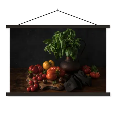 Produktbild von MuchoWow® Textilposter Stilleben - Tomaten - Basilikum - Gemälde - Gemüse - Schwarz 150x100 cm mit schwarzem Rahmen - Schlafzimmer