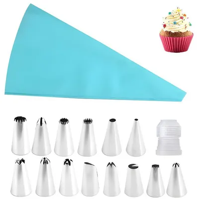 Image de Kit de poche à douille avec 15 embouts, réutilisable, en acier inoxydable, pour les gâteaux et les biscuits