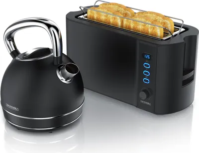 Produktbild von Arendo Frühstücks-Set, Wasserkocher Edelstahl 1,7l, 4 Scheiben Langschlitztoaster, 4 Scheiben Toaster, Frühstücksset, Wasserkocher Retro, 2200W, Brötchenaufsatz, schwarz