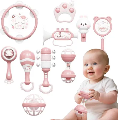 Produktbild von Minicee Baby Rassel Set 10-teilig Sensorik Spielzeug Beißring Musikspielzeug 12+ Monate Rosa