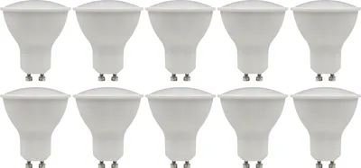 A group of ten white LED light bulbs arranged in two rows on a white background.