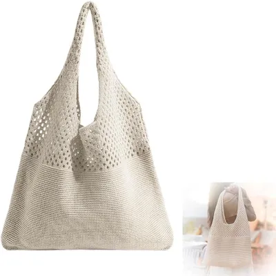Produktbild von Strandtas gehäkelt, beige, Boho Schultertas, leicht, für den Urlaub