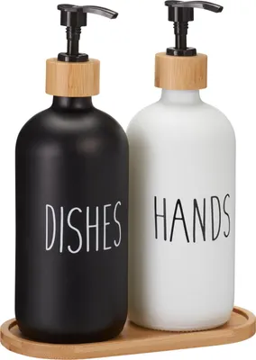Zdjęcie produktu dla Dozownik na płyn do naczyń i mydło na bambusowej tacce EASY, 2 x 500 ml