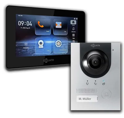 Produktbild von GOLIATH IP Aufputz Video Türsprechanlage Set für 1 Familienhaus (Silber 180° Türstation, 7" Touchscreen Monitor Schwarz, App)