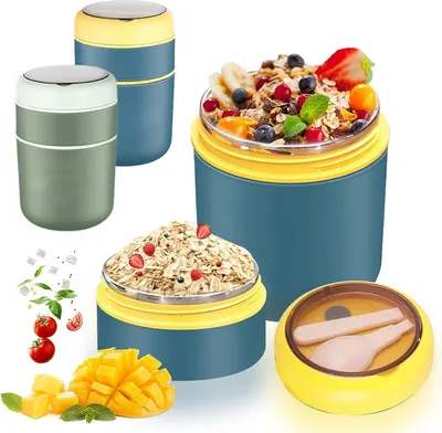 Produktbild von 2Stk Thermobehälter mit Griff Löffel,710ml Edelstah Warmhaltebehälter für Essen,Lunchbox Speisebehälter(Grün+Blau)