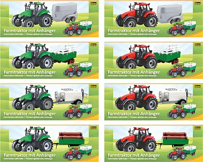 Produktbild von Traktor mit Anhänger rot und grün Sortiert, - 4 Verschiedene Anhänger