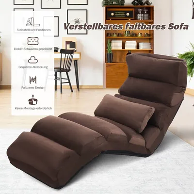 A brown floor sofa is shown in a living room setting with a desk and shelves in the background. Text overlays highlight product features.