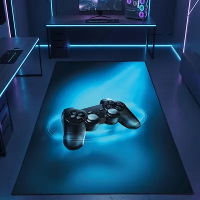 Produktbild von Fesselnder Gaming-Teppich mit lebendigen Neon-Farben und ikonischen Symbolen auf schwarzem Hintergrund Größe - 80 x 120 cm