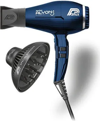 A blue Parlux hair dryer with a black diffuser attachment.