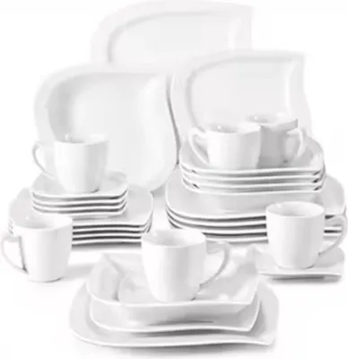Image de Elite Service de table - 30 pièces - 6 personnes - Céramique blanche - Assiettes repas et petit déjeuner - Présentation polyvalente