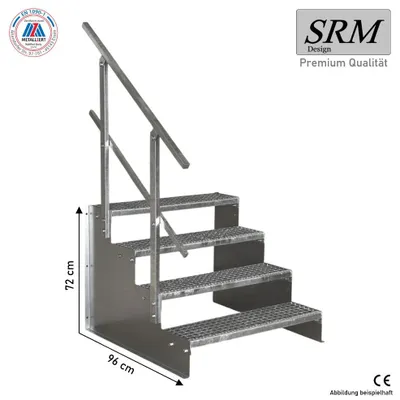 Produktbild von 4 Stufen Standtreppe Modell 2 verzinkt, Breite 130 cm, Höhe 72 cm 1x Geländer Eckig