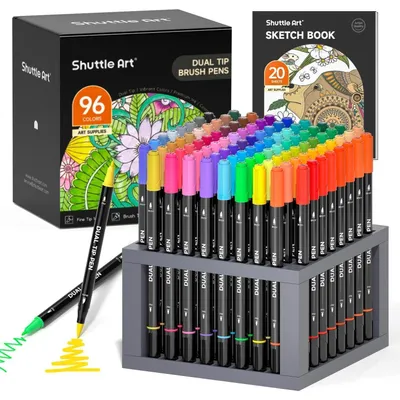 Productafbeelding van Dubbelpunts stiften met penseelkop, set met markers, inclusief stiftendoos, 96 kleuren