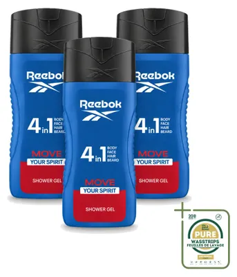 Immagine prodotto di 3 flaconi di gel doccia Reebok Move Your Spirit 4-in-1 - 400 ml ciascuno - confezione risparmio - 3 pezzi