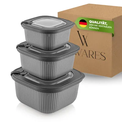 Produktbild von Viwares Frischhaltedosen im 3er Set mit transparentem Ventildeckel, Aufbewahrungsbehälter, Küche, stapelbar, BPA-frei, Kunststoff, Mikrowellen/Kühlschrankgeeignet, 3 Größen (600ml/1100ml/1800ml)
